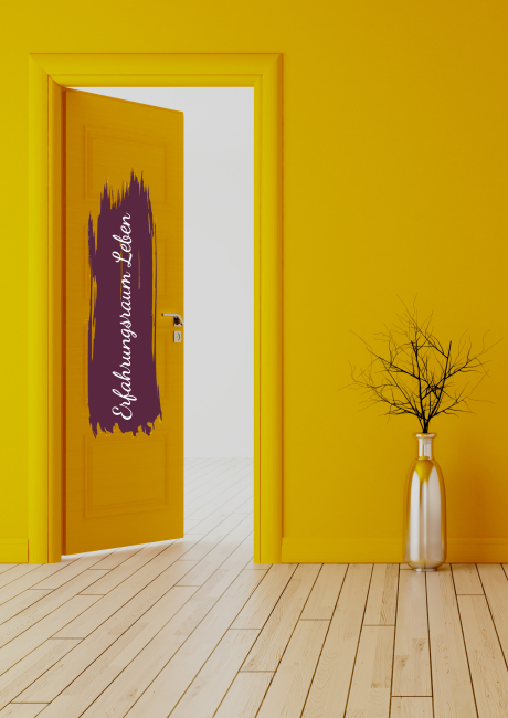 yellow wall with yellow opened door and closed door, white wooden floor, chrome vase and dry plant realistic 3D rendering